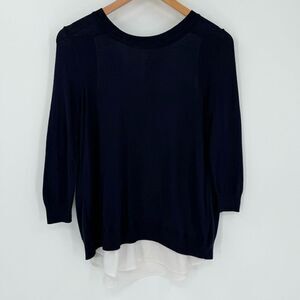 Susina 3/4 Length Sleeve Layered Blouse Lightweight Women XS Navy Blue White